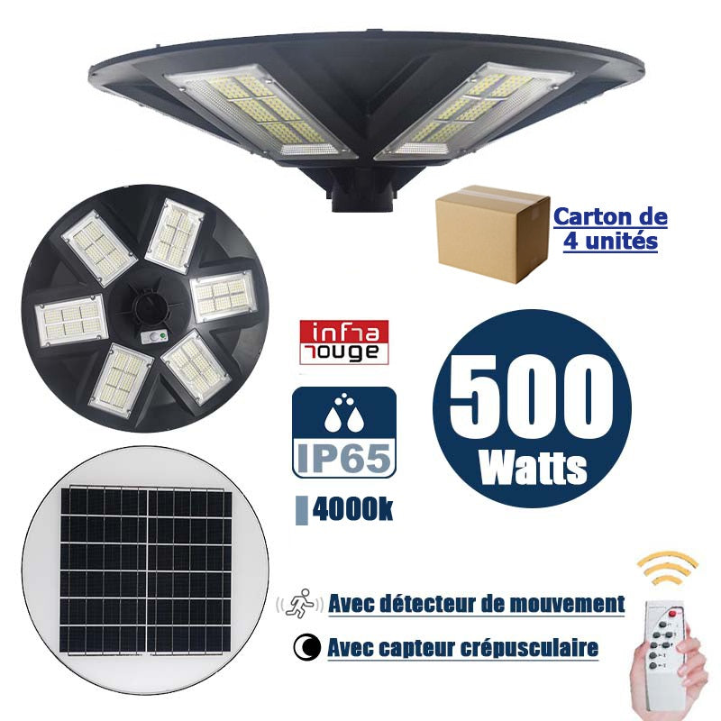 Carton / Lot de 4x Lampes solaires pour extérieur - Série OVNI - Version HERCULE 500 - Rendu lumineux 500 Watts - 2200 lumens – Diamètre tube d'insertion 60 / 76 mm - Avec détecteur de mouvement – Capteur crépusculaire - Avec télécommande - 4000k