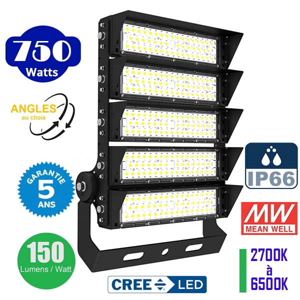 Projecteur haute puissance LED de stade - Série EXCEPTION - 750 Watts - 112 500 Lumens - 150 Lumens/Watt - Angle 20°/40°/60°/20°x95° au choix - 44 x 58 x 11 cm - IP66 - IK08 - 2700k à 6500k - Transformateur Meanwell- Garantie 5 ans