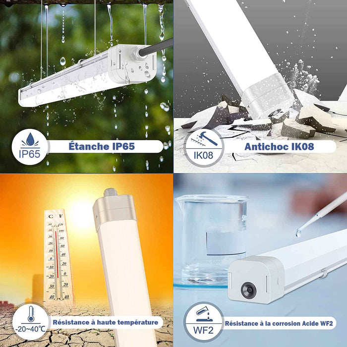 Pack de 6x Réglettes LED étanches connectables - Série EASY-LINK - Version POWER - Puissance ajustable 30 / 40 / 50 / 60 Watts - 8400 Lumens - 140 Lumens/Watt - 150 x 7 x 6 cm - Angle 120° - IP65 - 4000K - Transformateur OSRAM - Garantie 5 ans