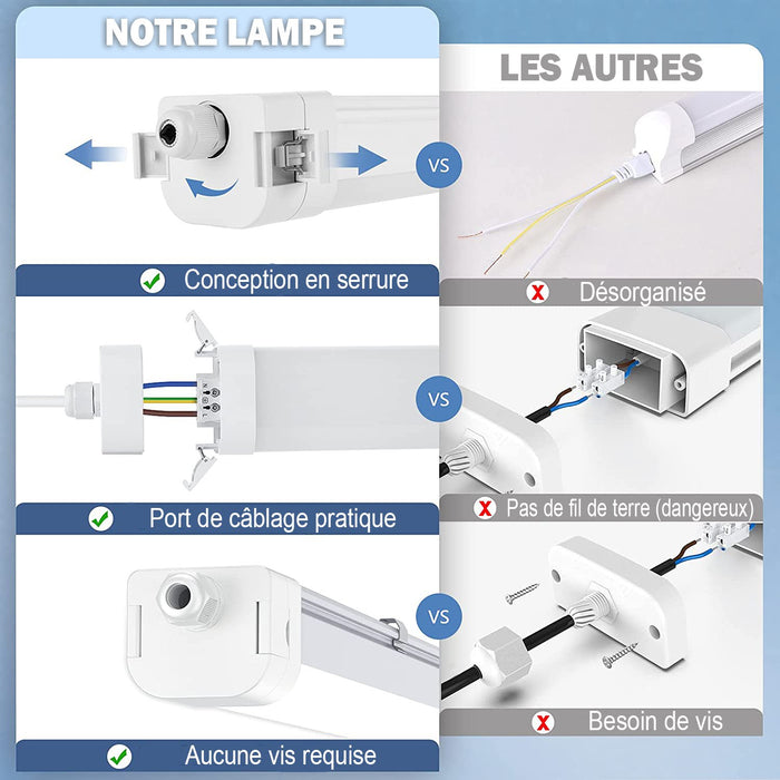 Pack de 6x Réglettes LED étanches connectables - Série EASY-LINK - Version POWER - Puissance ajustable 30 / 40 / 50 / 60 Watts - 8400 Lumens - 140 Lumens/Watt - 150 x 7 x 6 cm - Angle 120° - IP65 - 4000K - Transformateur OSRAM - Garantie 5 ans
