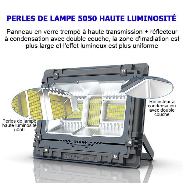 Projecteur LED solaire - Série WARRIOR - 300 Watts - Angle 120° - Lampe 34 x 27 x 7 cm - Panneau solaire 58 x 35 cm - IP67 - Avec télécommande - Dernière génération Solaire - Couleur éclairage 4000K