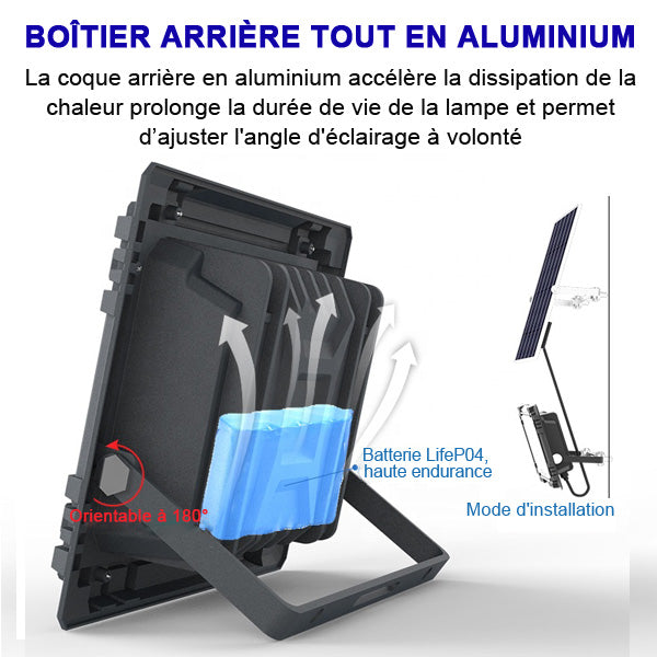 Projecteur LED solaire - Série WARRIOR - 300 Watts - Angle 120° - Lampe 34 x 27 x 7 cm - Panneau solaire 58 x 35 cm - IP67 - Avec télécommande - Dernière génération Solaire - Couleur éclairage 4000K