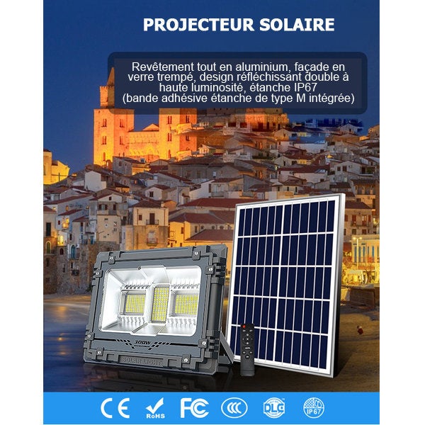 Carton / Lot de 4x Projecteurs LED solaires - Série WARRIOR - 300 Watts - Angle 120° - Lampe 34 x 27 x 7 cm - Panneau solaire 58 x 35 cm - IP67 - Avec télécommande - Dernière génération Solaire - Couleur éclairage 4000K