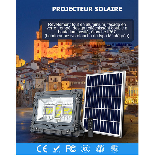 Projecteur LED solaire - Série WARRIOR - 300 Watts - Angle 120° - Lampe 34 x 27 x 7 cm - Panneau solaire 58 x 35 cm - IP67 - Avec télécommande - Dernière génération Solaire - Couleur éclairage 4000K