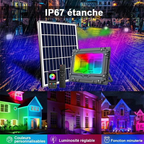 Carton / Lot de 7x Projecteurs LED solaires - Série WARRIOR RGBW (Multicolores + Blanc) - 60 Watts - Angle 120° - Lampe 21 x 17 x 6 cm - IP67 - Avec télécommande - Avec capteur crépusculaire - Bluetooth - Rythme musical