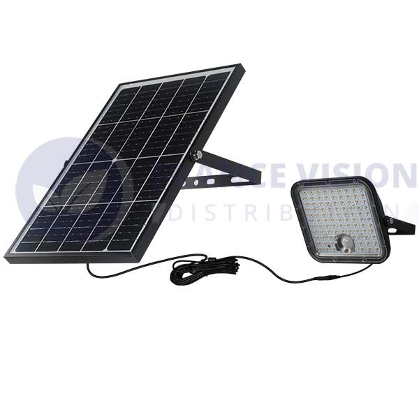 Projecteur LED solaire - Série SECURITY V1 - Rendu lumineux 150 Watts - 1500 lumens - Angle 120° x 60° - IP65 - 6000k - Lampe 14 x 15 x 3 cm - Panneau solaire monocristallin ajustable 22 x 18 x 2 cm - Détecteur Infrarouge - Télécommande