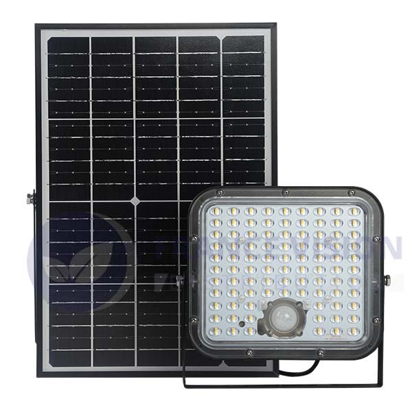 Projecteur LED solaire - Série SECURITY V1 - Rendu lumineux 150 Watts - 1500 lumens - Angle 120° x 60° - IP65 - 4000k - Lampe 14 x 15 x 3 cm - Panneau solaire monocristallin ajustable 22 x 18 x 2 cm - Détecteur Infrarouge - Télécommande
