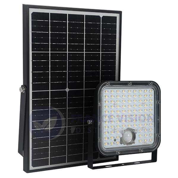 Projecteur LED solaire - Série SECURITY V1 - Rendu lumineux 150 Watts - 1500 lumens - Angle 120° x 60° - IP65 - 6000k - Lampe 14 x 15 x 3 cm - Panneau solaire monocristallin ajustable 22 x 18 x 2 cm - Détecteur Infrarouge - Télécommande