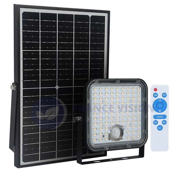 Projecteur LED solaire - Série SECURITY V1 - Rendu lumineux 150 Watts - 1500 lumens - Angle 120° x 60° - IP65 - 4000k - Lampe 14 x 15 x 3 cm - Panneau solaire monocristallin ajustable 22 x 18 x 2 cm - Détecteur Infrarouge - Télécommande
