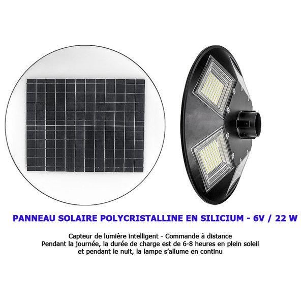 Lampe solaire pour extérieur - Série OVNI BASIC - 250 Watts - 1900 lumens - Angle 360° -  IP65 - Diamètre tube d'insertion 80 mm - Avec détecteur de mouvement - Avec télécommande - Contrôleur MPPT - Couleur d'éclairage 3000K