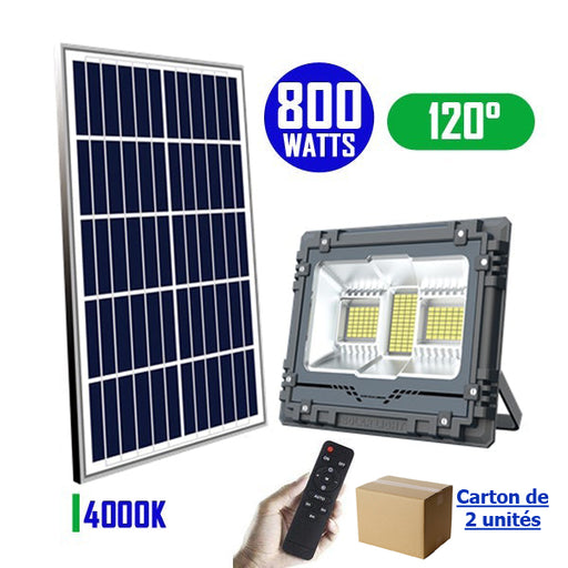 Carton / Lot de 2x Projecteurs LED solaires - Série WARRIOR - 800 Watts - Angle 120° - Lampe 39 x 30 x 8 cm - Panneau solaire 67 x 45 cm - IP67 - Avec télécommande - Dernière génération Solaire - Couleur éclairage 4000K