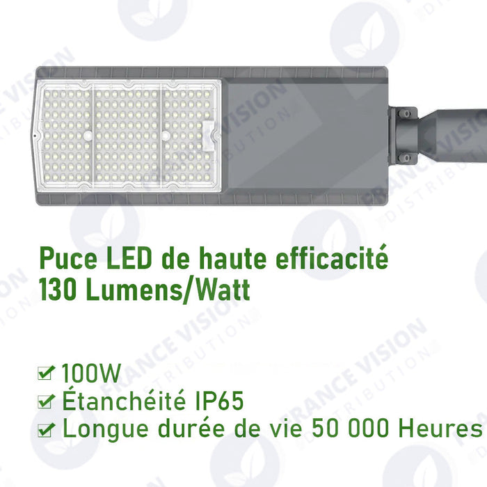 Lampe de rue filaire - Série FLEX V2 - 100 Watts - 13 000 Lumens - 130 Lumens/Watt - IP65 - IK09 - Angle 140x70° - 54 x 17 x 2 cm - 6000k – Angle rotatif ajustable - Tube d'insertion 50/60mm - Garantie 5 ans