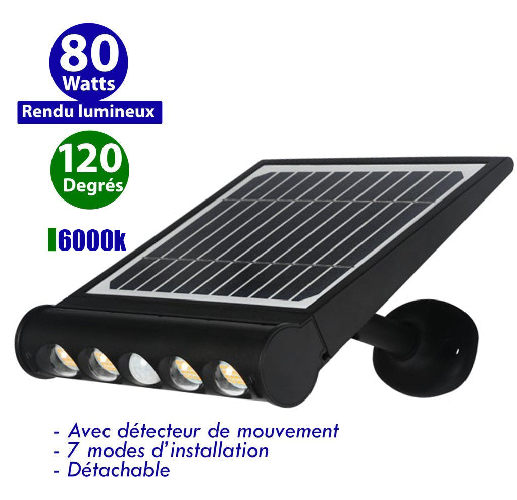 Projecteur / Lampe de sécurité solaire LED multifonctionnelle - Série SNIPER – Rendu lumineux 80 Watts - Angle 120° - IP65 - 26 x 21 x 7 cm – Détachable – 7 types d’installations - Avec détecteur de mouvement – Couleur éclairage 6000k
