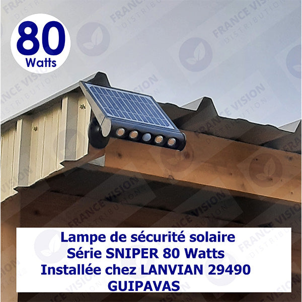 Projecteur / Lampe de sécurité solaire LED multifonctionnelle - Série SNIPER – Rendu lumineux 80 Watts - Angle 120° - IP65 - 26 x 21 x 7 cm – Détachable – 7 types d’installations - Avec détecteur de mouvement – Couleur éclairage 6000k