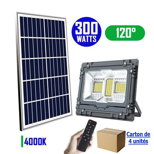 Carton / Lot de 4x Projecteurs LED solaires - Série WARRIOR - 300 Watts - Angle 120° - Lampe 34 x 27 x 7 cm - Panneau solaire 58 x 35 cm - IP67 - Avec télécommande - Dernière génération Solaire - Couleur éclairage 4000K
