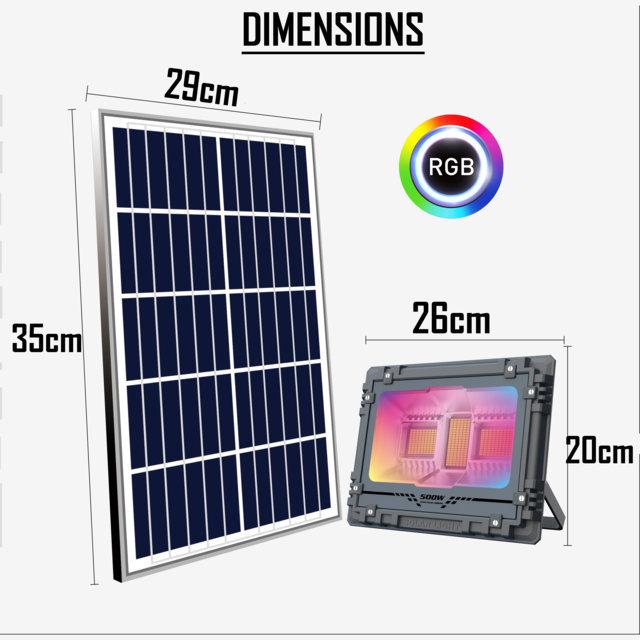 Carton / Lot de 7x Projecteurs LED solaires - Série WARRIOR RGBW (Multicolores + Blanc) - 60 Watts - Angle 120° - Lampe 21 x 17 x 6 cm - IP67 - Avec télécommande - Avec capteur crépusculaire - Bluetooth - Rythme musical