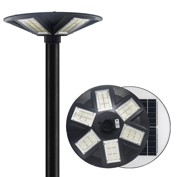 Palette de 14x Lampes solaires pour extérieur - Série OVNI - Version HERCULE 500 - Rendu lumineux 500 Watts - 2200 lumens – Angle 360° - Diamètre tube d'insertion 60 / 76 mm - Avec détecteur de mouvement – Capteur crépusculaire - Avec télécommande - 4000k
