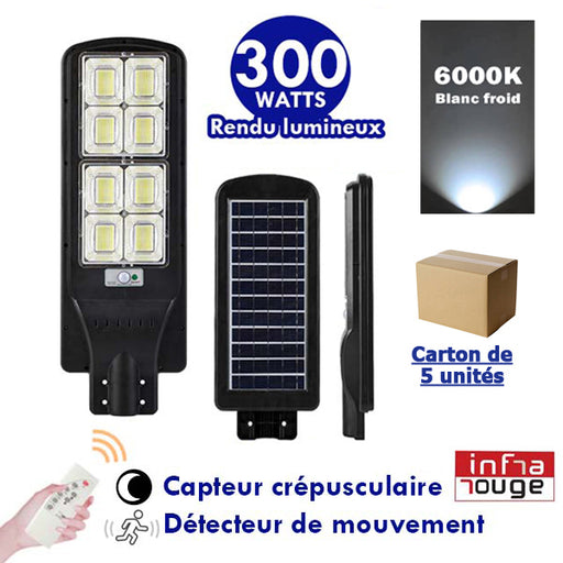 Carton / Lot de 5x Lampes de rue solaires - Série POWER V300 - Rendu lumineux 300 Watts - Angle 120° - 78 × 9 × 27 cm - IP65 - Avec télécommande - Avec détecteur de mouvement - Avec capteur crépusculaire - 6000k - Diamètre tube d’insertion 45 mm