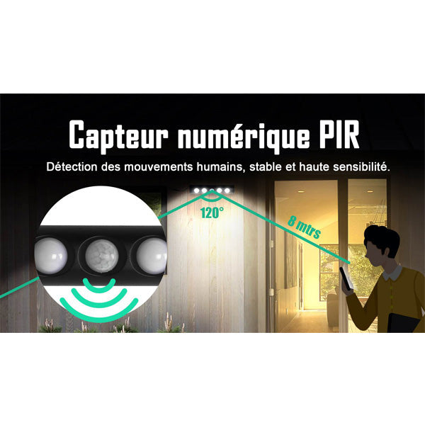 Projecteur / Lampe de sécurité solaire LED multifonctionnelle - Série SNIPER – Rendu lumineux 80 Watts - Angle 120° - IP65 - 26 x 21 x 7 cm – Détachable – 7 types d’installations - Avec détecteur de mouvement – Couleur éclairage 6000k