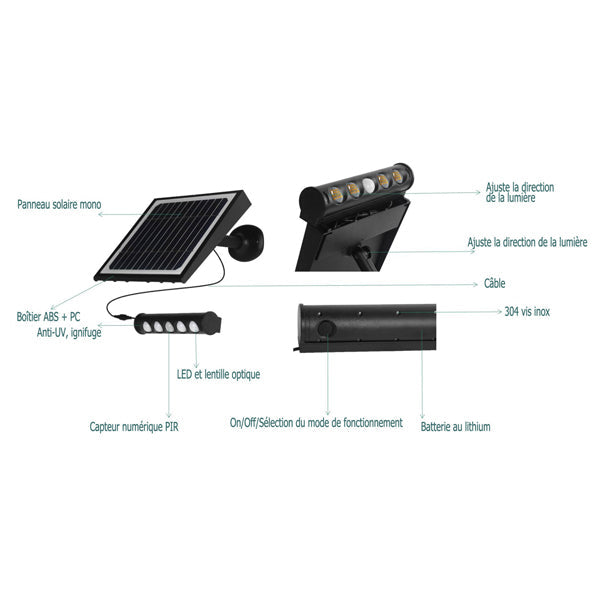 Projecteur / Lampe de sécurité solaire LED multifonctionnelle - Série SNIPER – Rendu lumineux 80 Watts - Angle 120° - IP65 - 26 x 21 x 7 cm – Détachable – 7 types d’installations - Avec détecteur de mouvement – Couleur éclairage 6000k