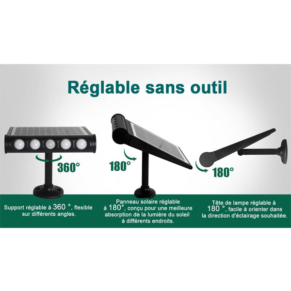 Projecteur / Lampe de sécurité solaire LED multifonctionnelle - Série SNIPER – Rendu lumineux 80 Watts - Angle 120° - IP65 - 26 x 21 x 7 cm – Détachable – 7 types d’installations - Avec détecteur de mouvement – Couleur éclairage 6000k