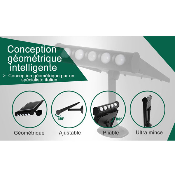 Projecteur / Lampe de sécurité solaire LED multifonctionnelle - Série SNIPER – Rendu lumineux 80 Watts - Angle 120° - IP65 - 26 x 21 x 7 cm – Détachable – 7 types d’installations - Avec détecteur de mouvement – Couleur éclairage 6000k